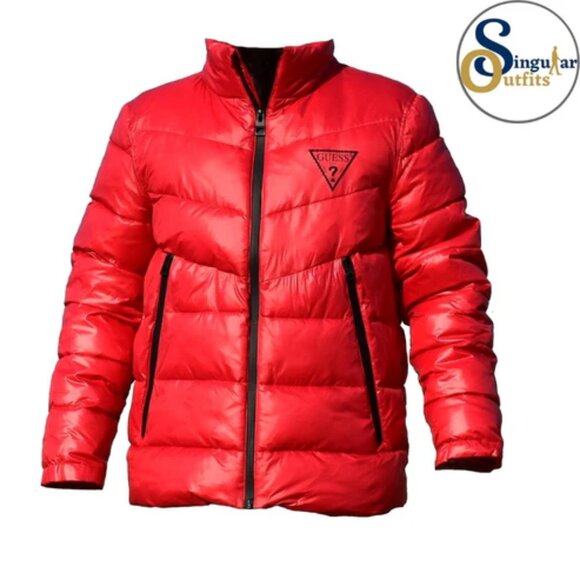 NEW GUESS Mid Weight Logo Oversized Puffer Coat Crimson for men 364tn - Picture 3 of 5